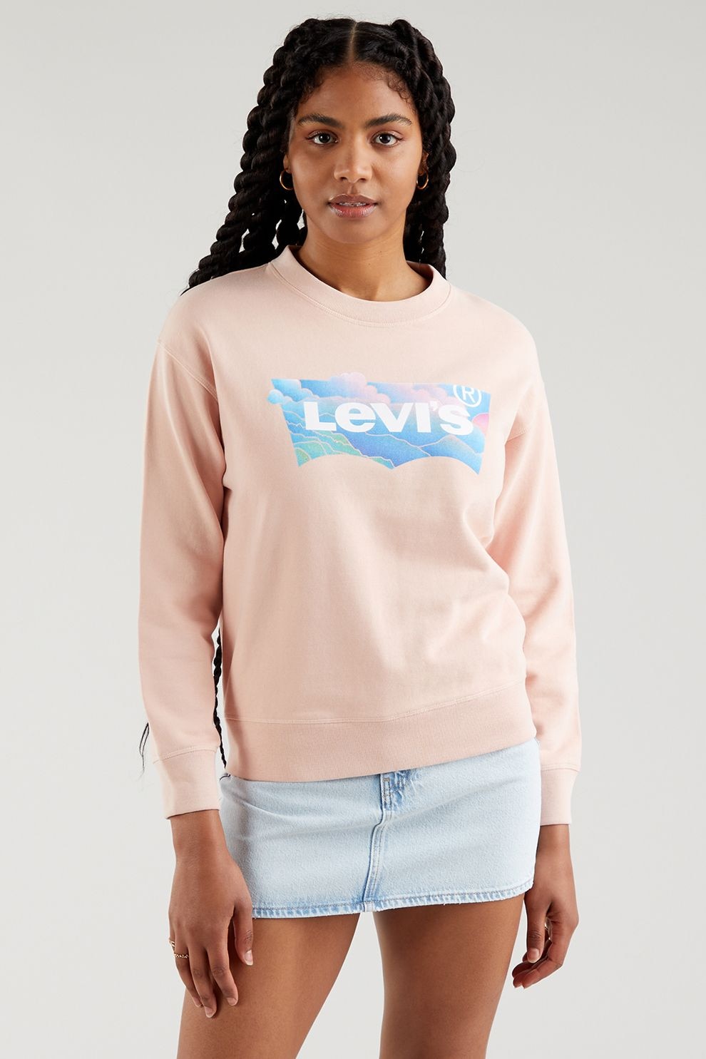 Levi's, Bluza sport cu decolteu la baza gatului si maneci cazute, Roz pastel/Albastru/Alb