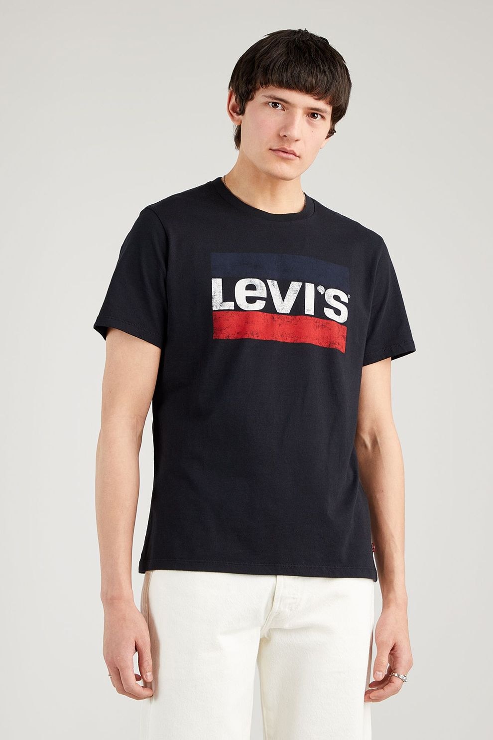 Levi's, Tricou cu decolteu la baza gatului si logo, Negru/Alb/Rosu