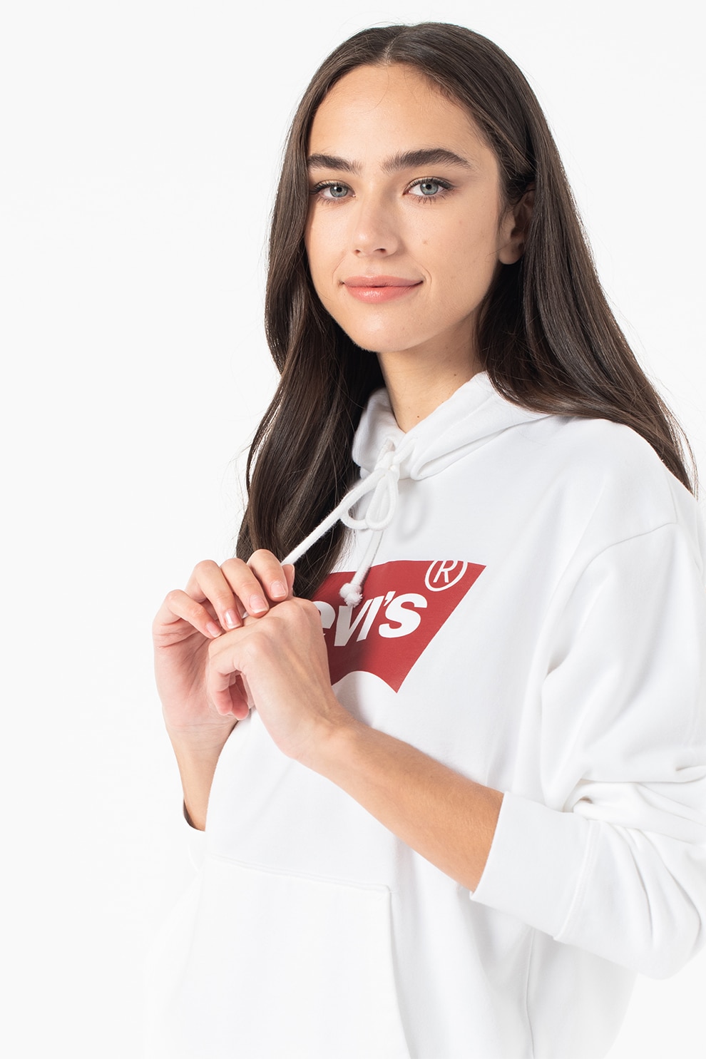 Levi's, Hanorac cu buzunar kangaroo si snur, Alb/Rosu inchis