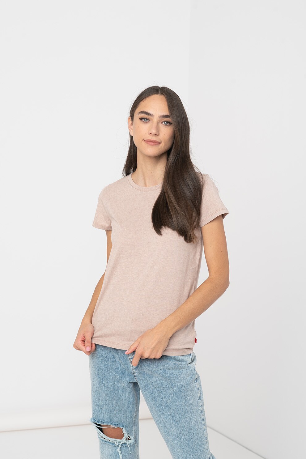 Levi's, Tricou de bumbac cu decolteu rotund, Roz prafuit