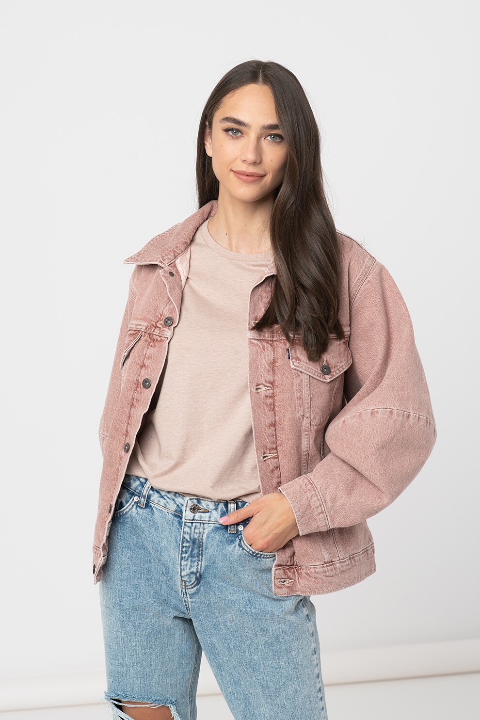 Levi's, Jacheta din amestec de bumbac organic cu maneci bufante, Roz prafuit