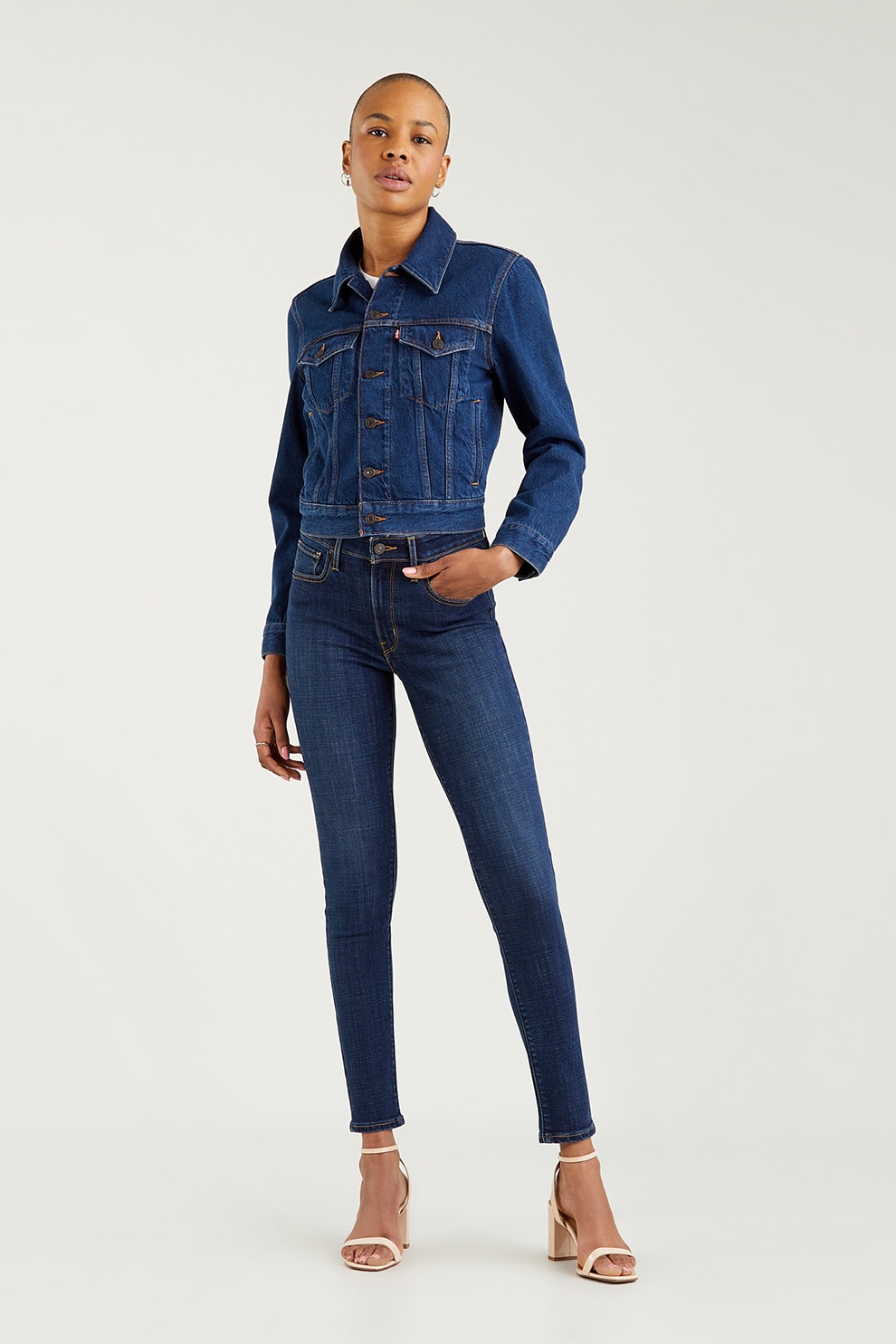 Levi's, Blugi skinny cu talie inalta 721™, Albastru inchis/alb prafuit/galben