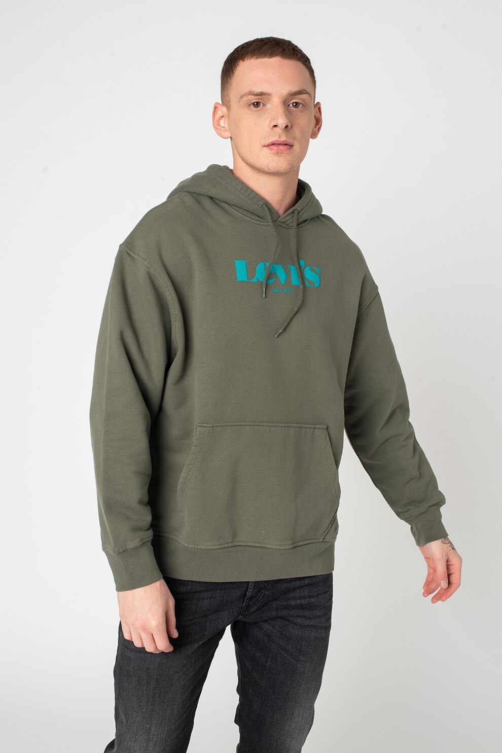 Levi's, Hanorac cu snur si imprimeu logo contrastant pe piept, Verde sparanghel/Verde electric