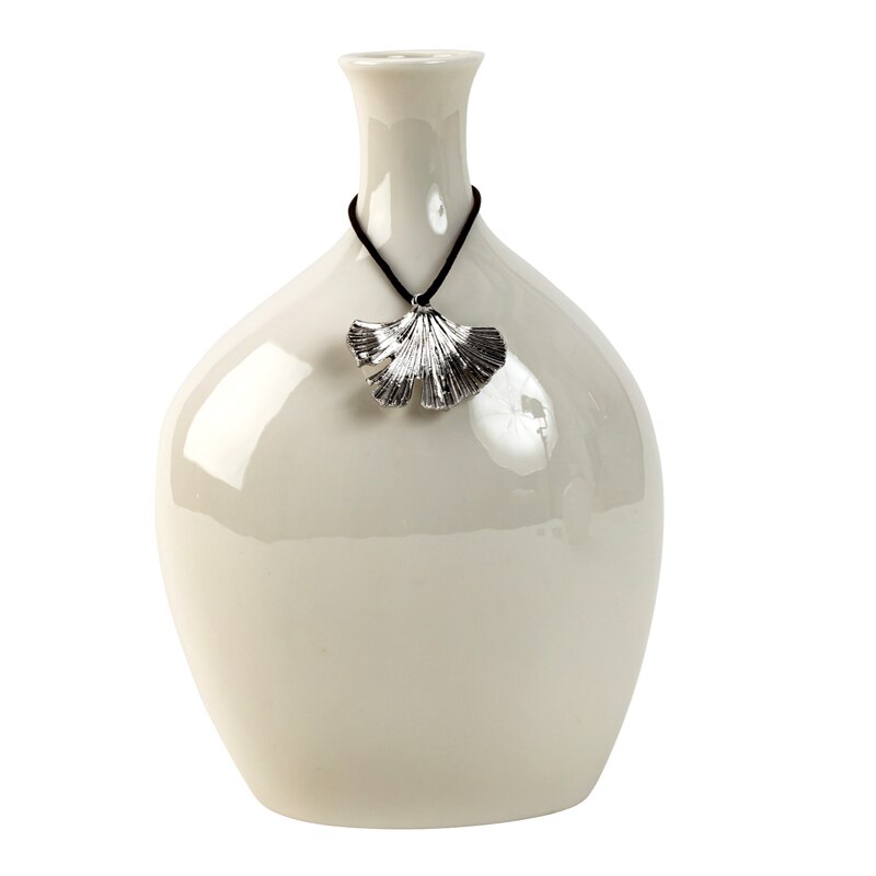 Vaza Portelan, cu decor frunza metal, Alba, 19,5x13 cm