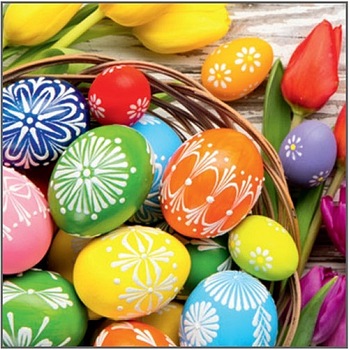 Set 20 servetele de Pasti, din hartie - oua colorate in cos, cu lalele, 33 x 33 cm Set 20 servetele de Pasti, din hartie - oua colorate in cos, cu lalele, 33 x 33 cm