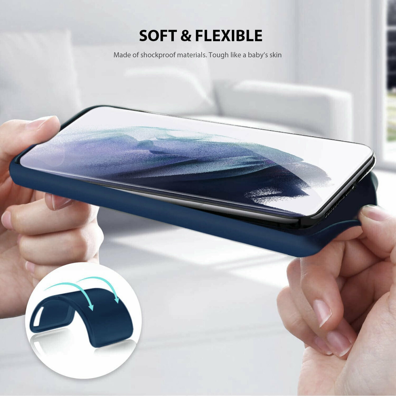 Husa protectie compatibila cu Samsung Galaxy S21, silicon Bleumarin, slim, cu interior de catifea, protectie camera, PlanetPhone