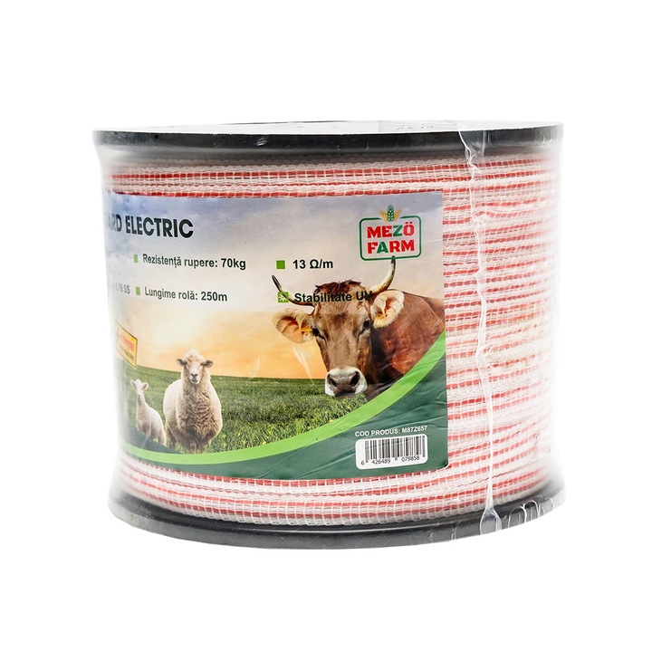 Rola banda rosu-alb 10mm insertie metalica 4x0.16mm SS, rezistenta 13 Ohm/m, 250m gard electric Mezofarm