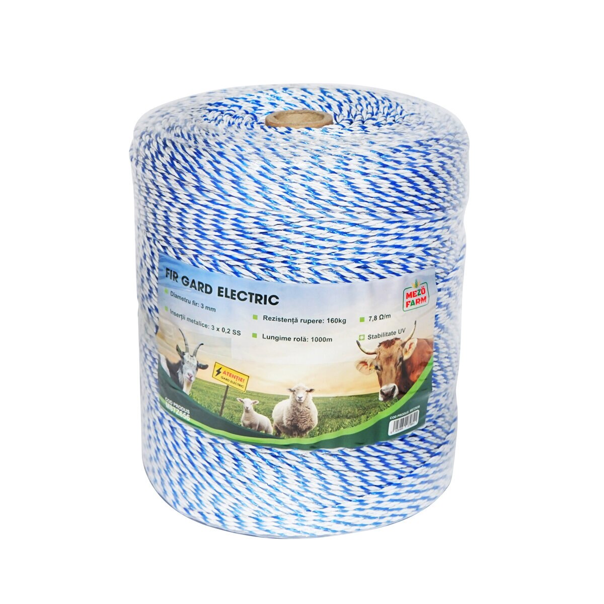 Rola fir alb-albastru 3mm insertie metalica 3x0.2mm SS, rezistenta 7.8 Ohm/m, 1000m gard electric Mezofarm