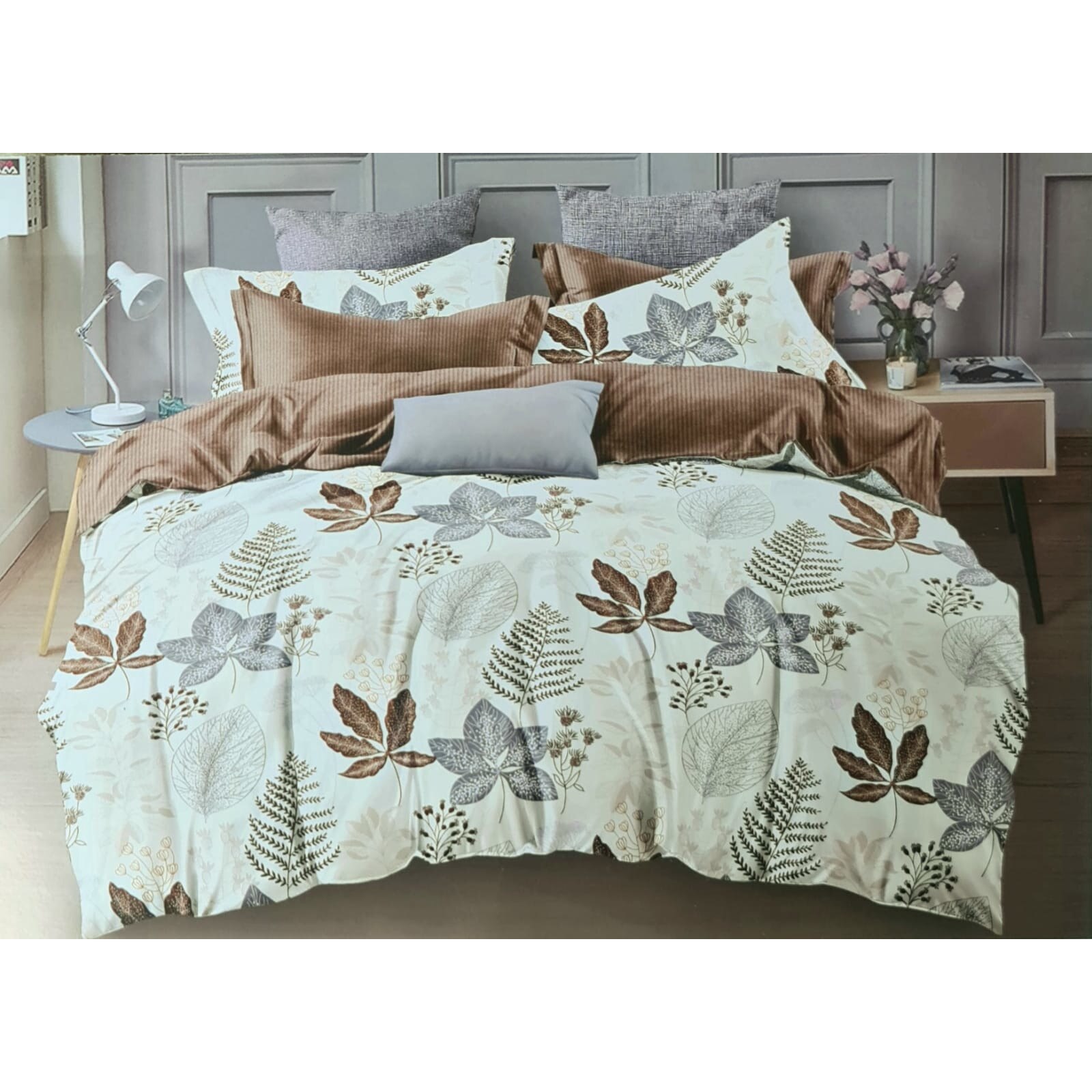 Lenjerie de pat, bumbac finet, 6 piese pentru pat dublu , 2 persoane, imprimeu frunze multicolore