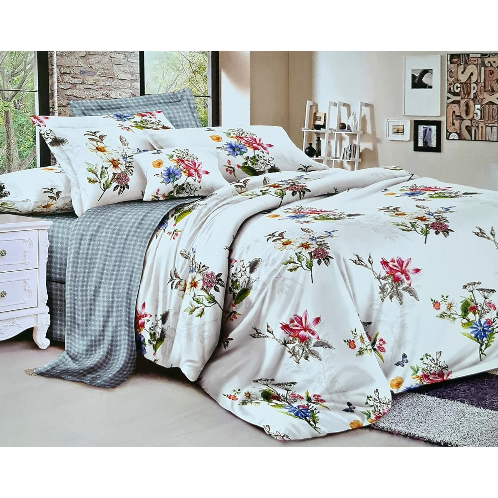 Lenjerie de pat, bumbac finet, 6 piese pentru pat dublu , 2 persoane, imprimeu flori multicolore