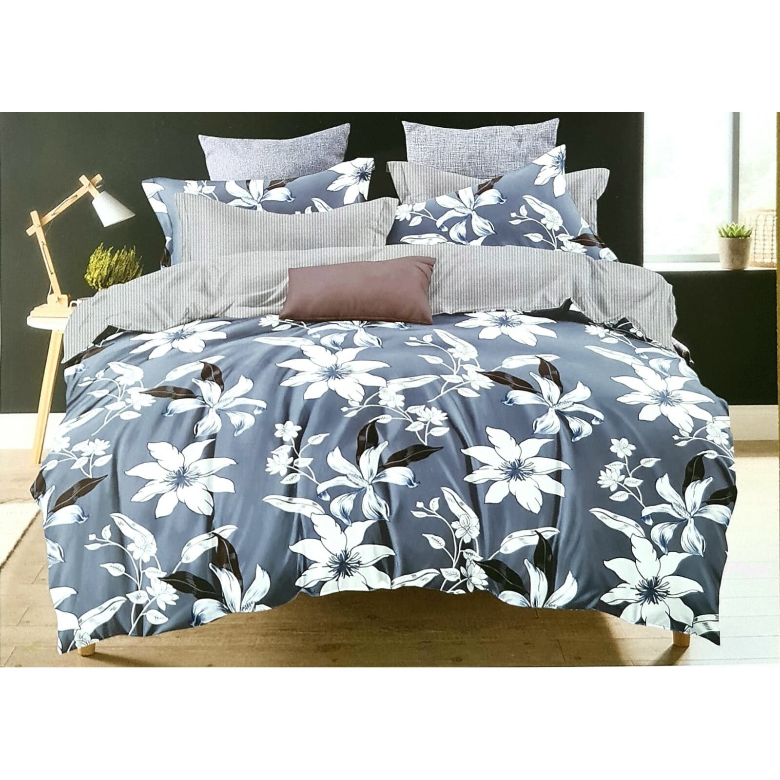 Lenjerie de pat, bumbac finet, 6 piese pentru pat dublu , 2 persoane, Gri cu flori albe