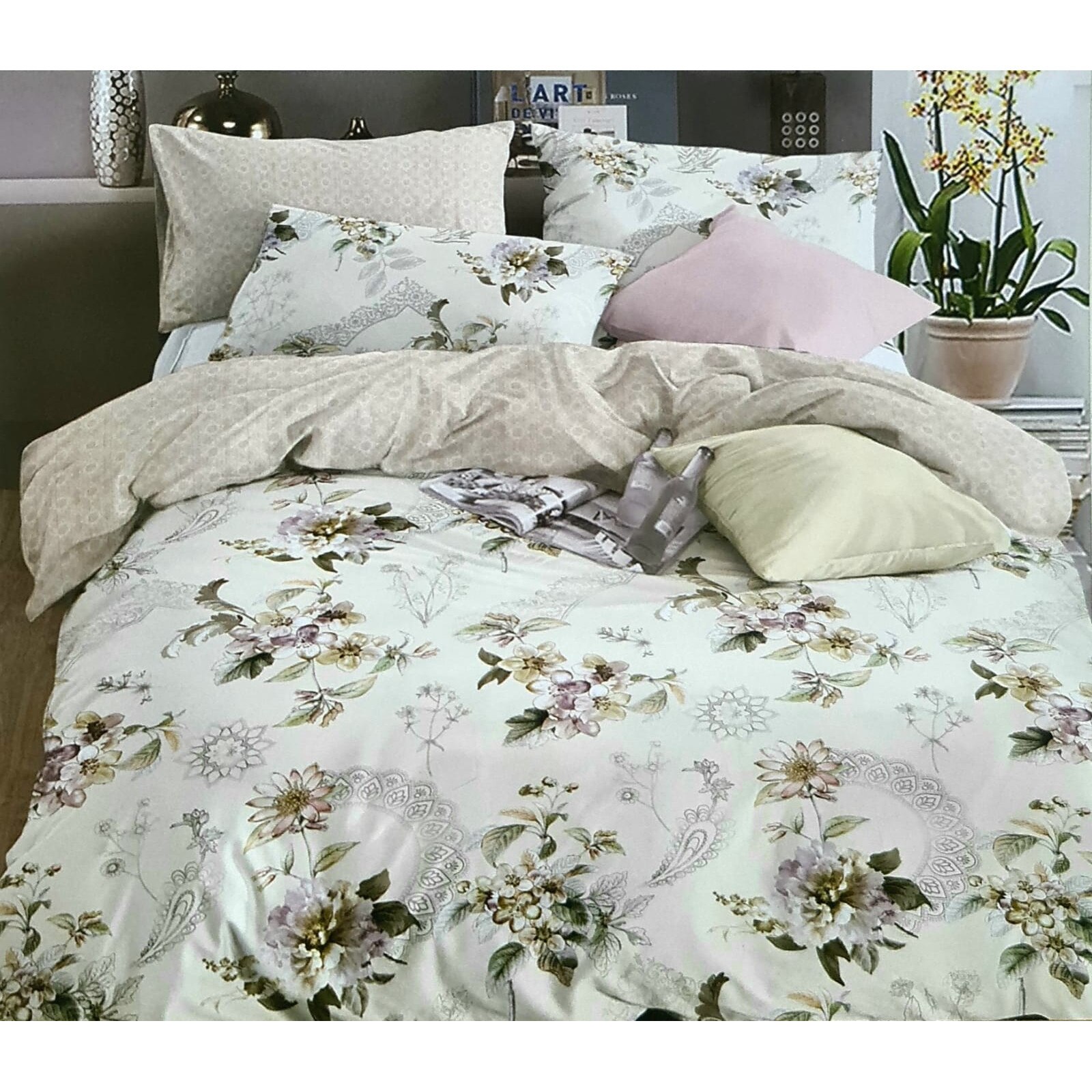 Lenjerie de pat, bumbac finet, 6 piese pentru pat dublu , 2 persoane, New Floral Collection