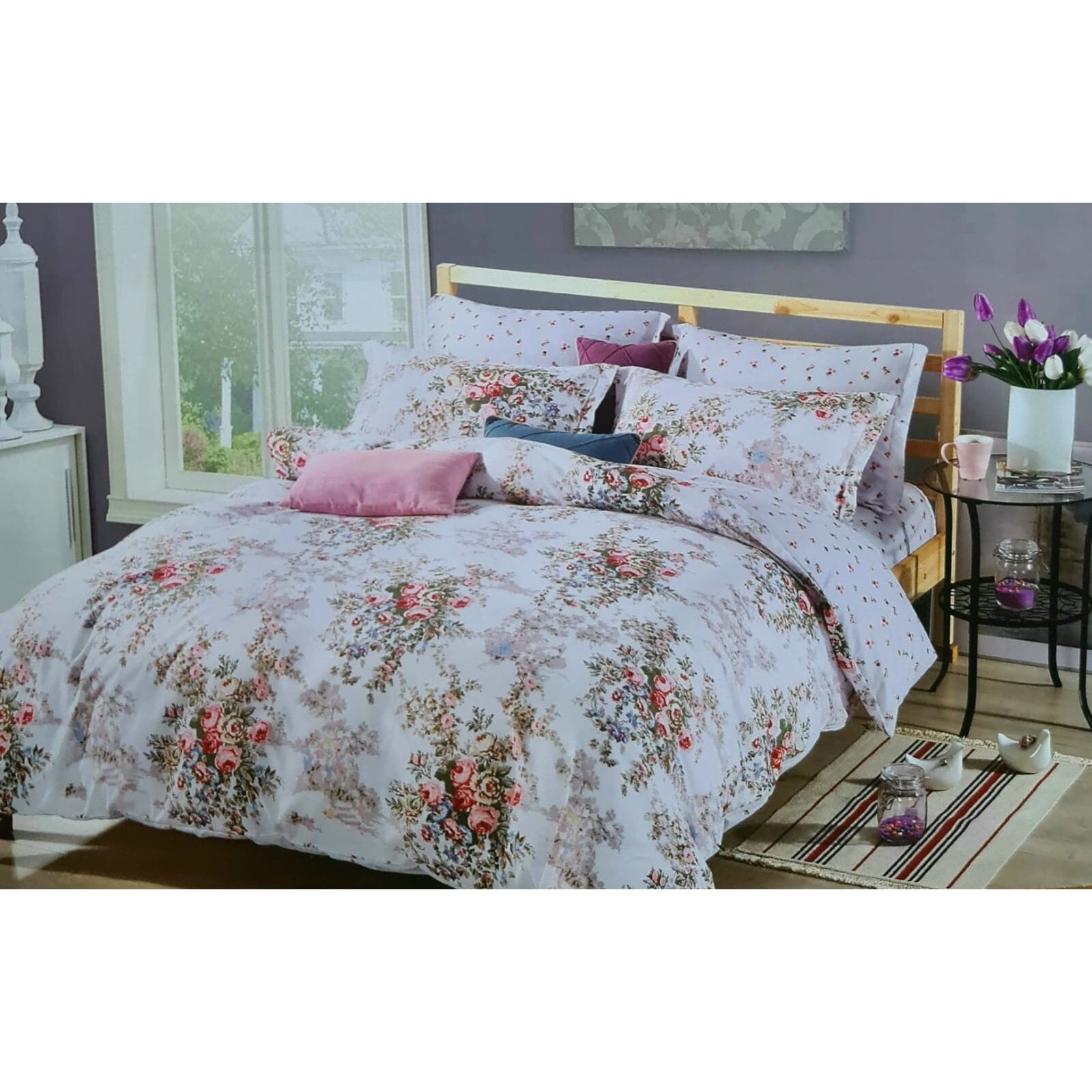 Lenjerie de pat, bumbac finet, 6 piese pentru pat dublu , 2 persoane, Floral Collection