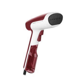 Aparat de calcat vertical pliabil cu abur Tefal Access Steam First DT6132E0, 1300W, abur variabil 0- 20 g/min, rezervor apa 70 ml, incalzire rapida in 15s, functie auto-off, perie tesaturi, alb/rosu