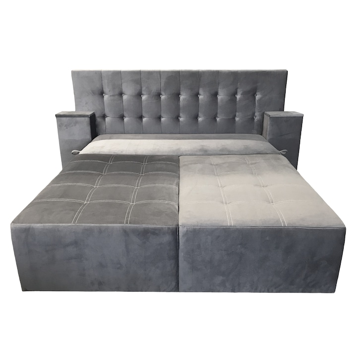 Canapea extensibila cu tablie de pat Rafael 160, Iza, Relaxa, lada, noptiere, perne, culoare gri, plus, 250x115x105