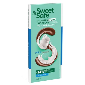 Ciocolata cu lapte fara zaharuri adaugate, Sweet&Safe, cu indulcitor din Stevia, 90g Ciocolata cu lapte fara zaharuri adaugate, Sweet&Safe, cu indulcitor din Stevia, 90g