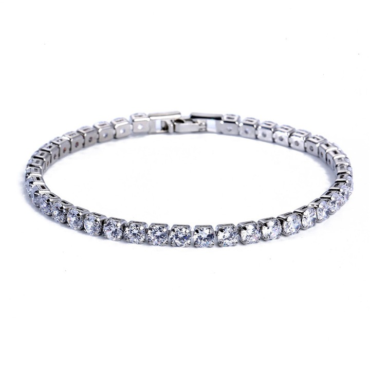 Bratara model Tennis, 4mm, pietre din zirconiu alb, unisex, argintie