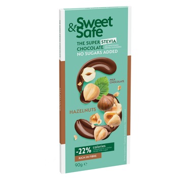 Ciocolata cu lapte si alune de padure fara zaharuri adaugate, Sweet&Safe, cu indulcitor din Stevia, 90g Ciocolata cu lapte si alune de padure fara zaharuri adaugate, Sweet&Safe, cu indulcitor din Stevia, 90g