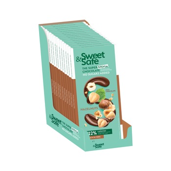 Pachet 15 buc ciocolata cu lapte si alune de padure fara zaharuri adaugate, Sweet&Safe, cu indulcitor din Stevia, 90g Pachet 15 buc ciocolata cu lapte si alune de padure fara zaharuri adaugate, Sweet&Safe, cu indulcitor din Stevia, 90g