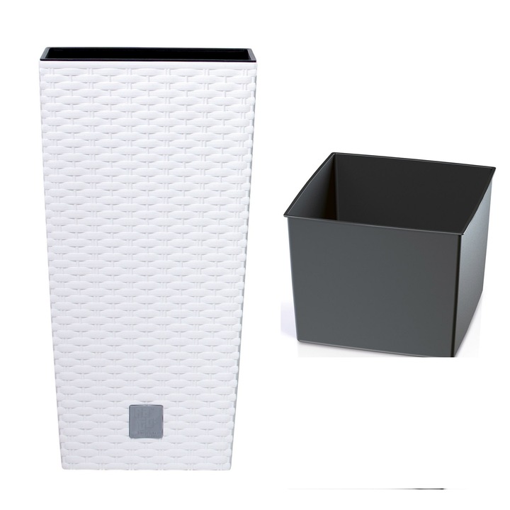 Ghiveci decorativ de flori, Prosperplast, Rato, imitatie ratan, patrat, alb, 22.5x22.5x42.1 cm