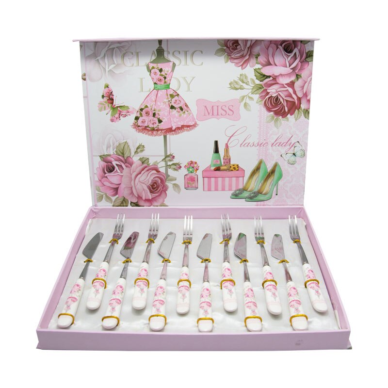 Set tacamuri tort 6 persoane Classic Lady, Inox&Portelan