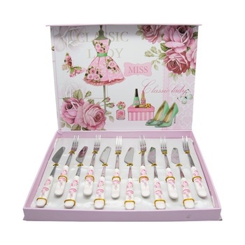 Set tacamuri tort 6 persoane Classic Lady, Inox&Portelan Set tacamuri tort 6 persoane Classic Lady, Inox&Portelan