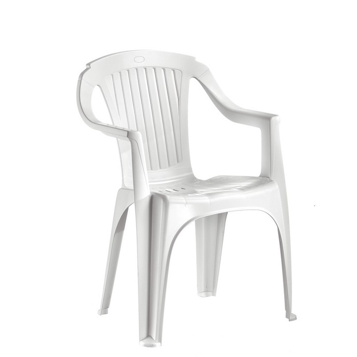 Градински стол B&Q Sote, изработен от пластмаса с облегалка и странични подлакътници, 56 x 52 x 80 см, бял
