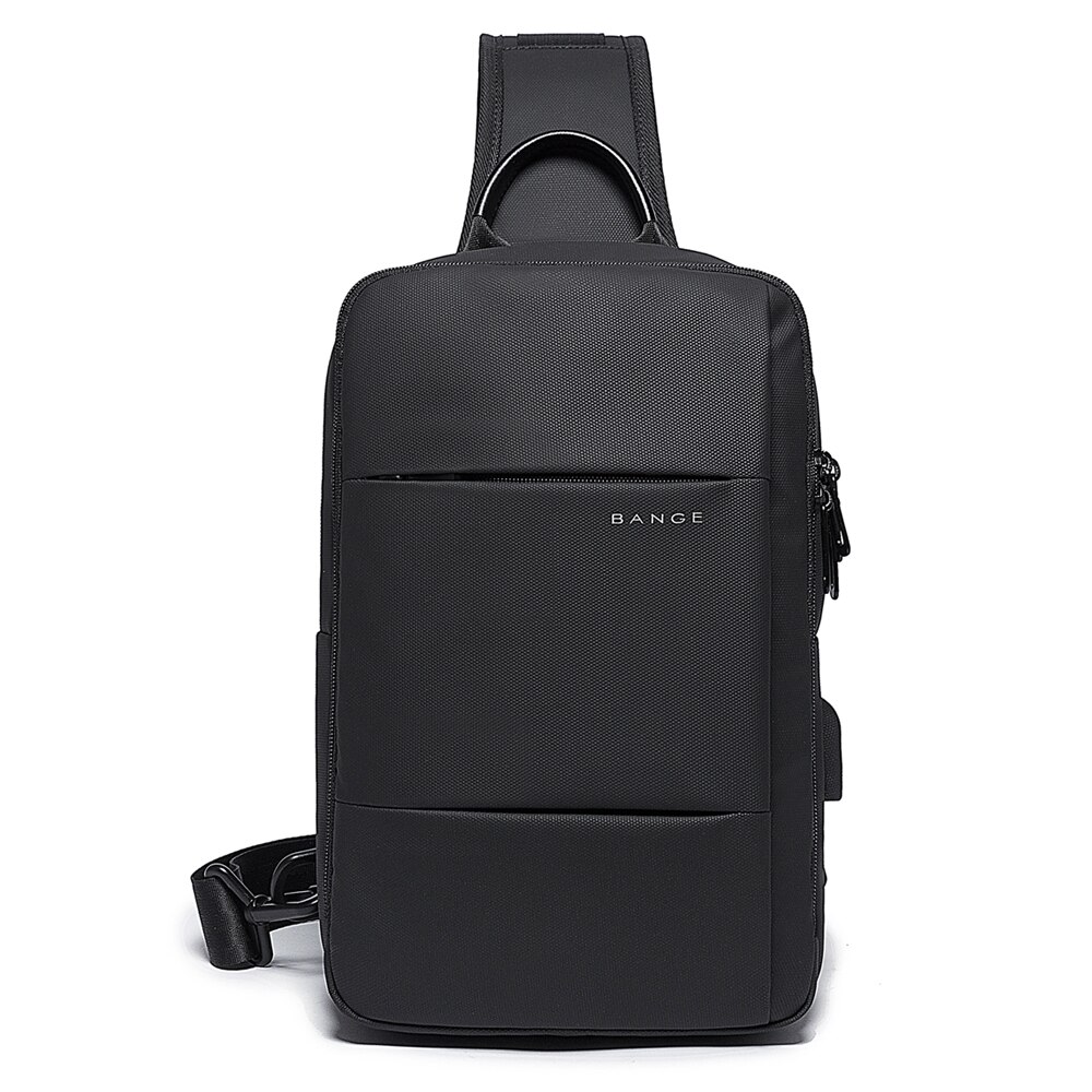 Rucsac crossbody/de umar casual, impermeabil, cu doua compartimente si port de incarcare USB, Bange, Negru