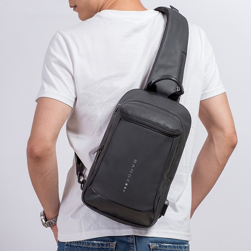 Rucsac crossbody/de umar smart, light, impermeabil, cu port de incarcare USB, Bange, Negru