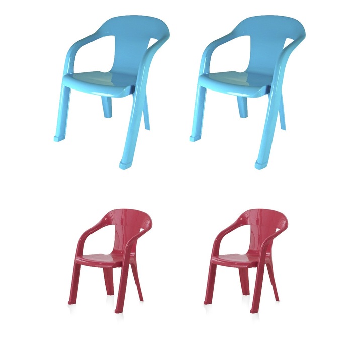 Set 4 x scaun pentru gradina B&Q Kids, din polipropilena prevazut cu spatar si brate laterale, 50 x 36 x 37 cm, roz/albastru