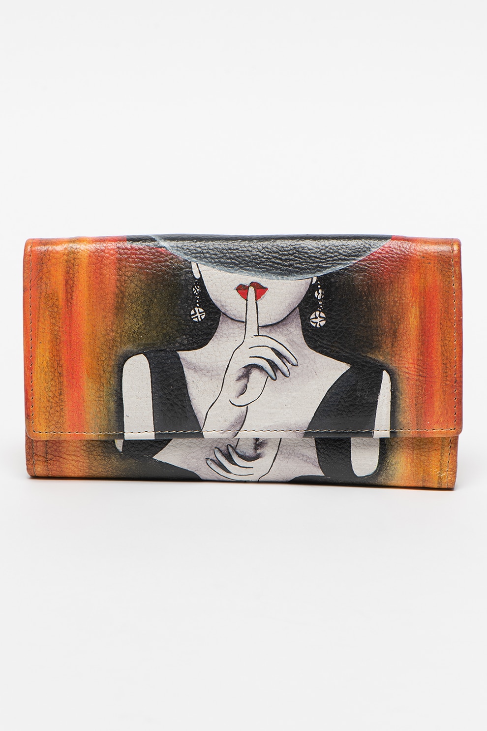 Niarvi, Portofel de piele pictat manual, Negru/Oranj/Alb
