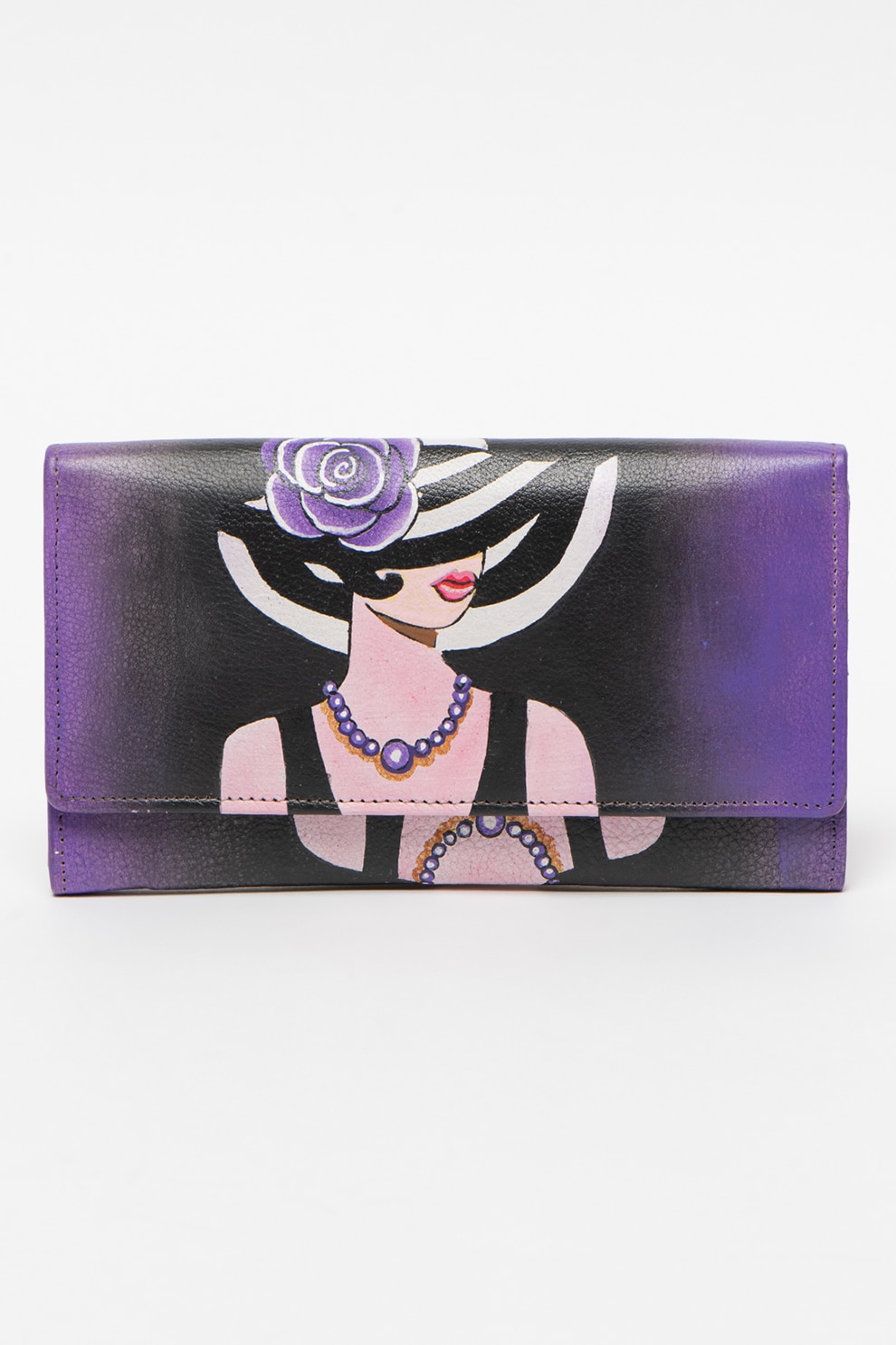 Niarvi, Portofel de piele pictat manual, Violet ametist/Negru/Alb