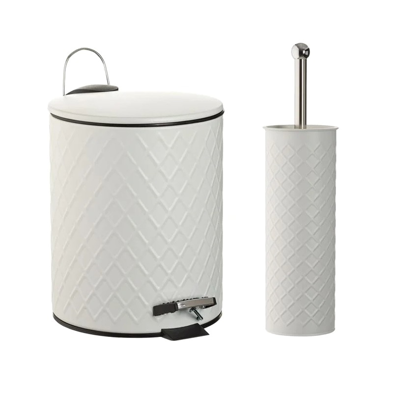 Set accesorii baie format din Cos de gunoi cu model in romburi si Perie WC, Metalic, Alb/Crom, 27.6x20.4 cm, 2 piese