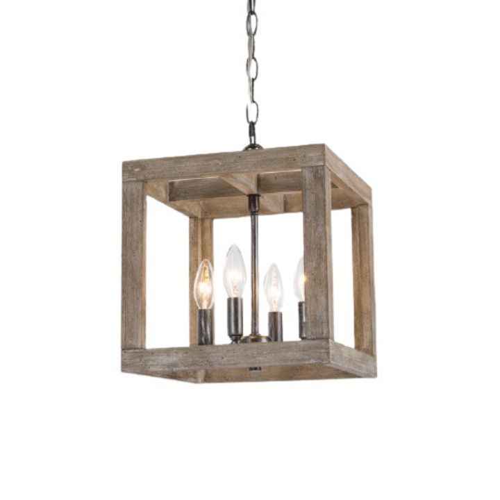 Corp de iluminat Cojom Miri cu 4 becuri, din lemn antichizat, laturi abajur 30cm