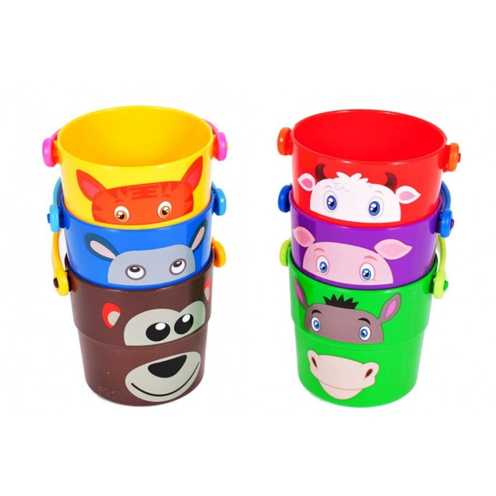 Fürdőjátékkészlet, 6 csésze - Vödör állatokkal, számokkal és betűkkel, 1 év +