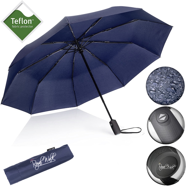 Royal Walk Luxus Férfi Összecsukható Esernyő, Automatikus Nyitással és Összecsukással, Szélálló, Vízhatlan, 102 cm, Sötétkék
