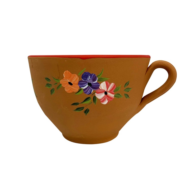 Ghiveci din ceramica de Arges realizat manual, Argcoms, Cana (1), Pictura florala, Ø20 cm, Fond natur