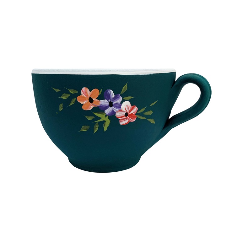 Ghiveci din ceramica de Arges realizat manual, Argcoms, Cana (1), Pictura florala, Ø20 cm, Fond verde