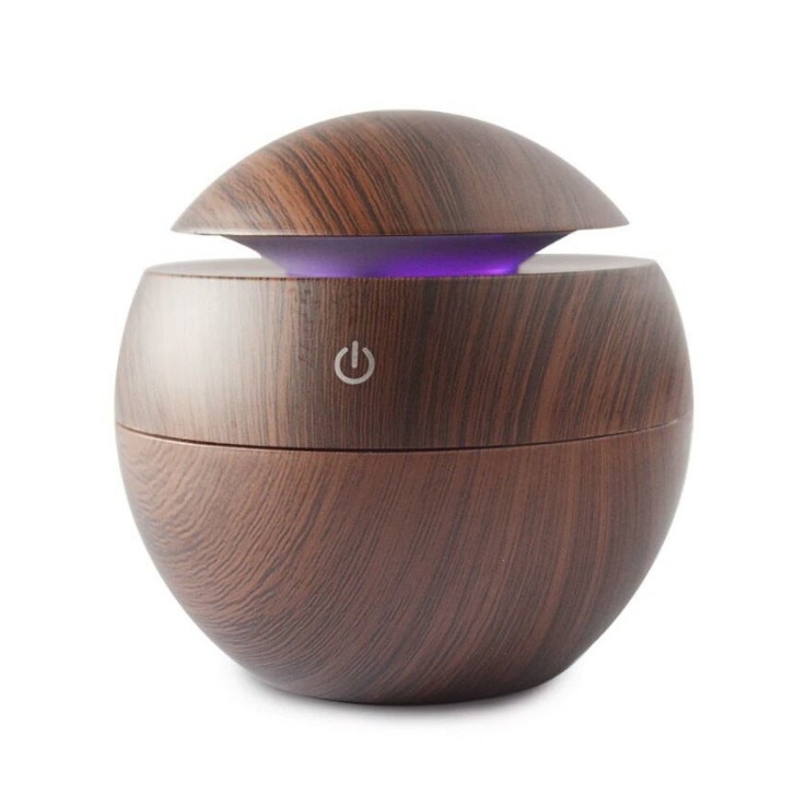 Umidifcator cu functie de aromaterapie si alimentare USB, jocuri de lumini LED, 130 ml , culoare stejar inchis