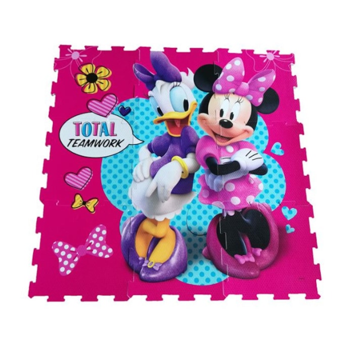 Covor puzzle podea roz, Minnie si Daisy, 9 bucati, 91x91 cm