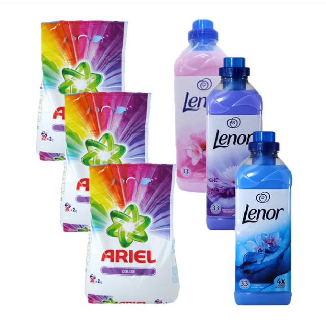 Pachet - 3 x Ariel Color, Detergent automat, Pudra cu parfum proaspat floral, 3 x 2kg + Balsam Lenor Moonlight Harmony 1L + Balsam Lenor Spring Awakening 1L + Balsam Lenor Floral Romance 1L