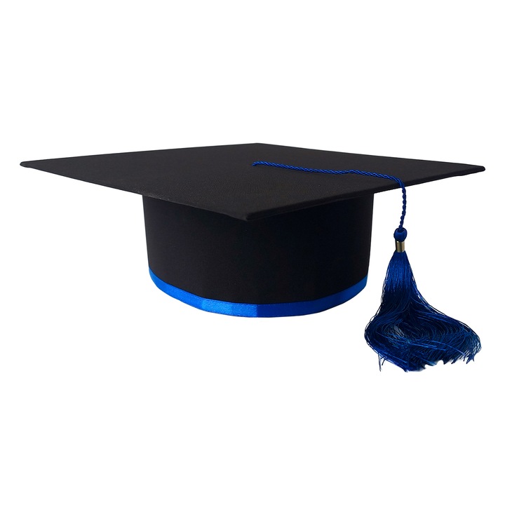 Toca pentru absolvire, neagra, bentita si canaf albastru royal, 55 cm