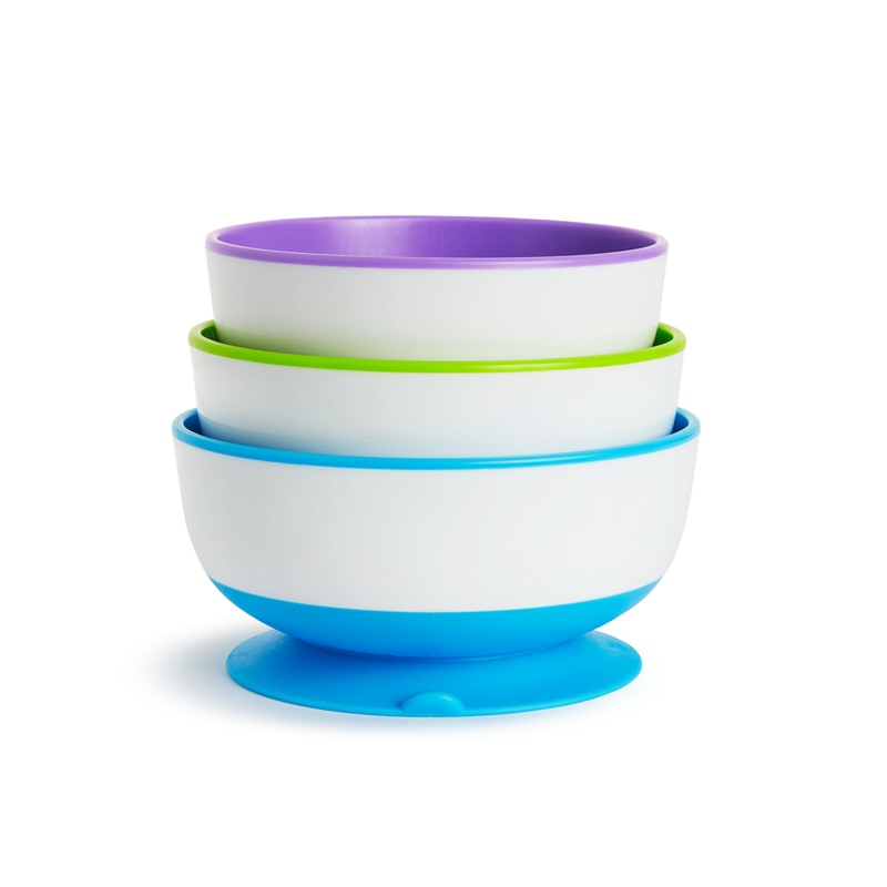 Set de 3 Boluri cu Ventuza, Munchkin Stay Put, Fara BPA, Dimensiuni Variate, Compatibil cu Masina de Spalat Vase, Multicolor