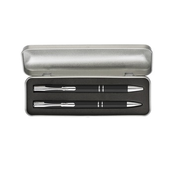 Set cu pix si creion mecanic negre in cutie metalica argintie Set cu pix si creion mecanic negre in cutie metalica argintie