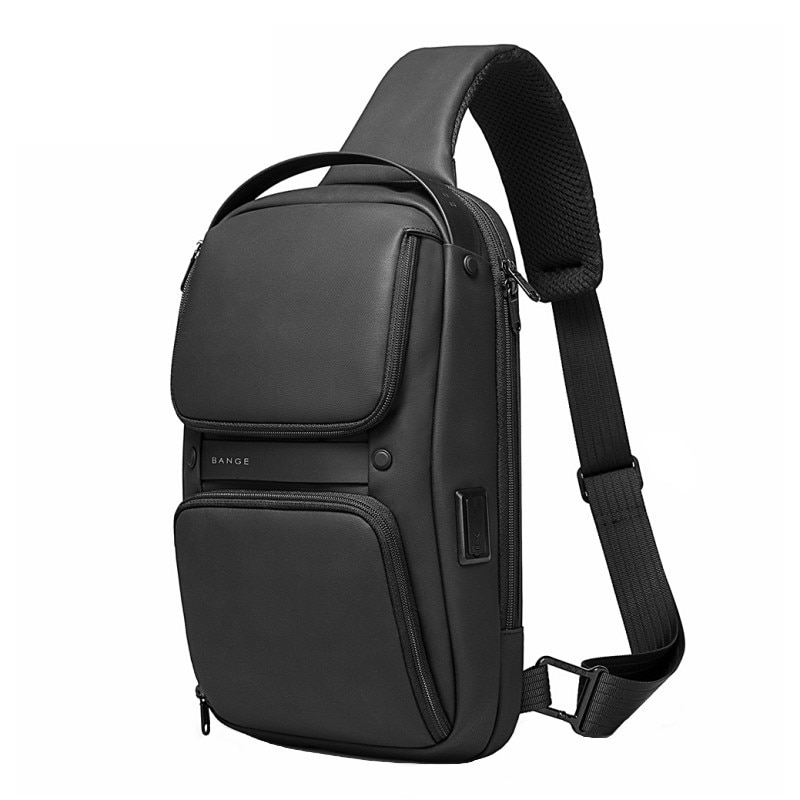 Rucsac crossbody/de umar casual, impermeabil, cu port de incarcare USB si compartiment casti, Bange, Negru