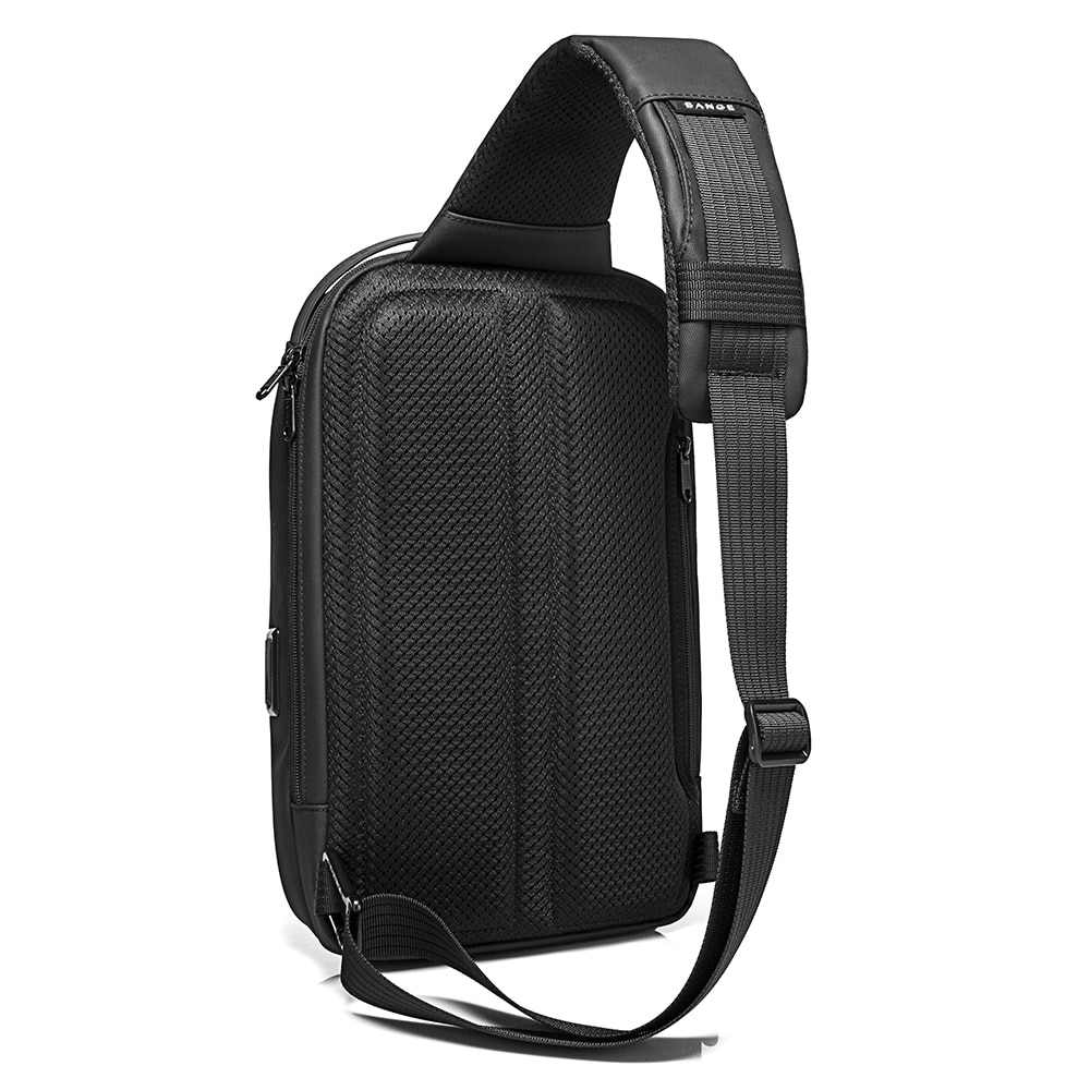 Rucsac crossbody/de umar casual, impermeabil, cu port de incarcare USB si compartiment casti, Bange, Negru