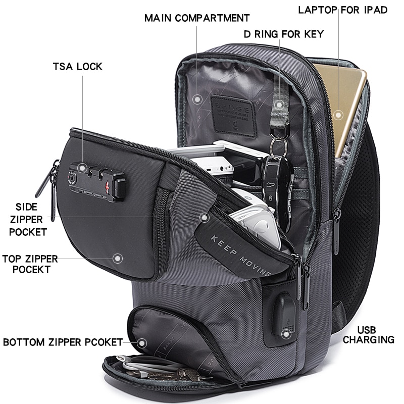 Rucsac crossbody/de umar casual, impermeabil, multifunctional, antifurt, cu port de incarcare USB, Bange, Gri