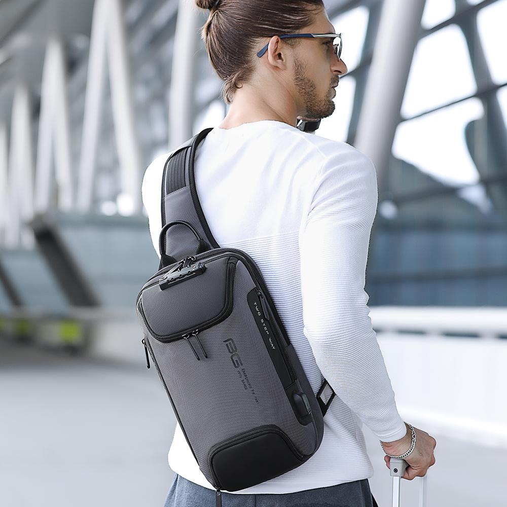 Rucsac crossbody/de umar casual, impermeabil, multifunctional, antifurt, cu port de incarcare USB, Bange, Gri