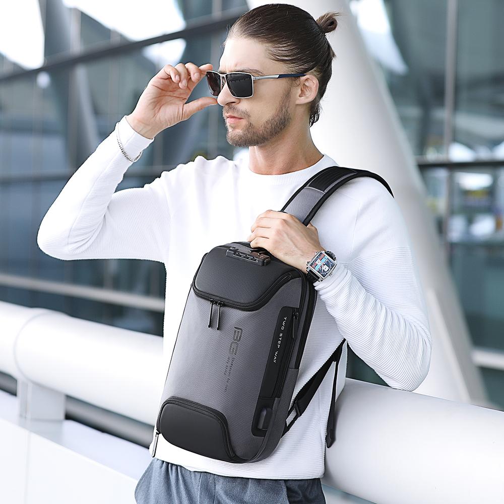 Rucsac crossbody/de umar casual, impermeabil, multifunctional, antifurt, cu port de incarcare USB, Bange, Gri