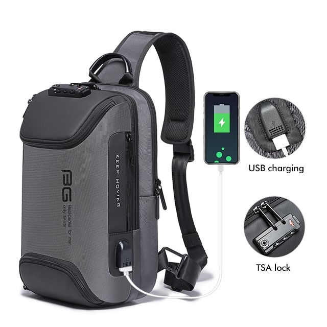 Rucsac crossbody/de umar casual, impermeabil, multifunctional, antifurt, cu port de incarcare USB, Bange, Gri